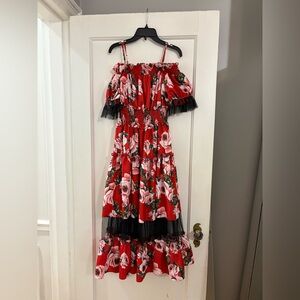 Floral Off-Shoulder Red Dress